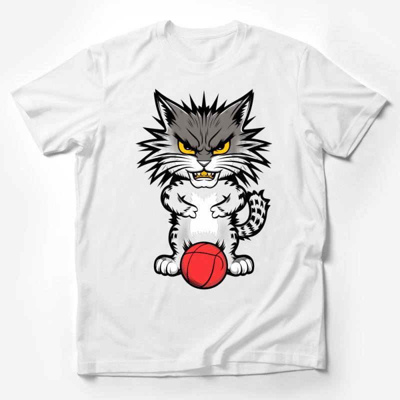 Angry Cat Playing Basketball Graphic T-Shirt, Fierce Kitty Sports Tee, Unisex Cartoon Animal Shirt for Casual Wear Male T-Shirt