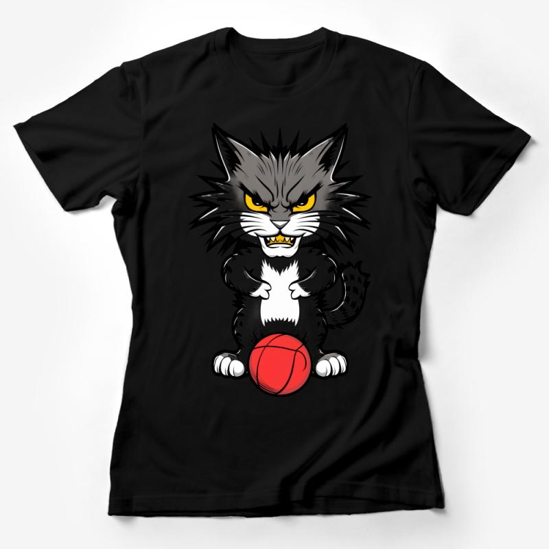 Angry Cat Playing Basketball Graphic T-Shirt, Fierce Kitty Sports Tee, Unisex Cartoon Animal Shirt for Casual Wear Female T-Shirt