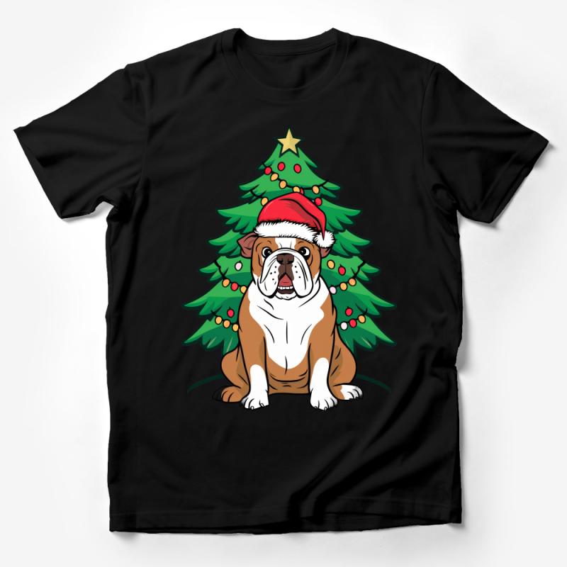 Festive Bulldog T-Shirt, Christmas Dog Tee, Holiday Pet Lover Gift, Santa Hat Pup, Xmas Tree Apparel, Unisex Clothing Male T-Shirt