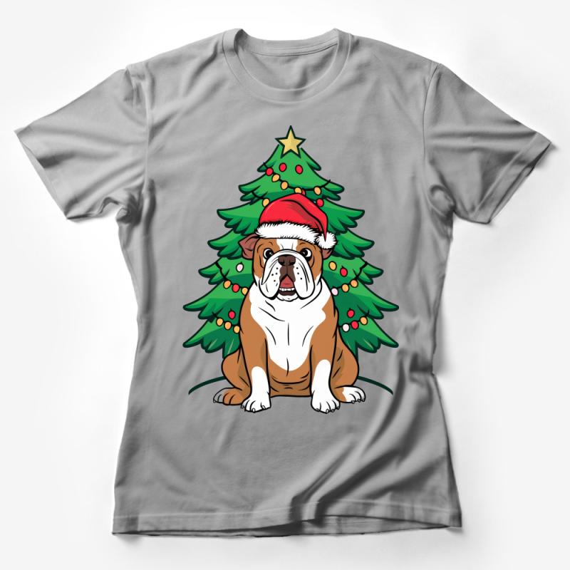 Festive Bulldog T-Shirt, Christmas Dog Tee, Holiday Pet Lover Gift, Santa Hat Pup, Xmas Tree Apparel, Unisex Clothing Female T-Shirt