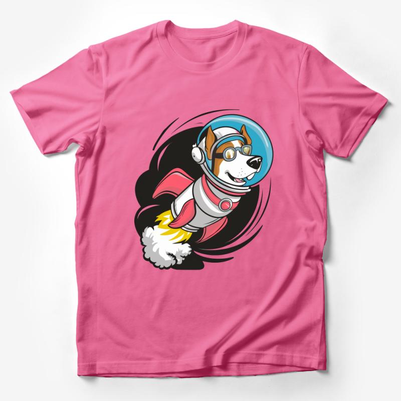 Cartoon Space Dog T-Shirt, Astronaut Puppy Tee, Kids Rocket Adventure Shirt, Fun Animal in Space Apparel, Sci-Fi Pet Lover Gift Male T-Shirt