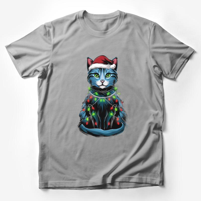 Christmas Cat T-Shirt, Festive Feline with Santa Hat, Holiday Lights Graphic Tee, Unique Cat Lover Gift, Unisex Tee Male T-Shirt