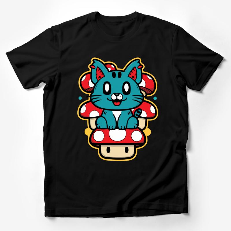 Cute Blue Cat Mushroom T-Shirt, Whimsical Kawaii Kitty Graphic Tee, Fun Animal Character Shirt for All Ages, Unique Gift Idea Male T-Shirt