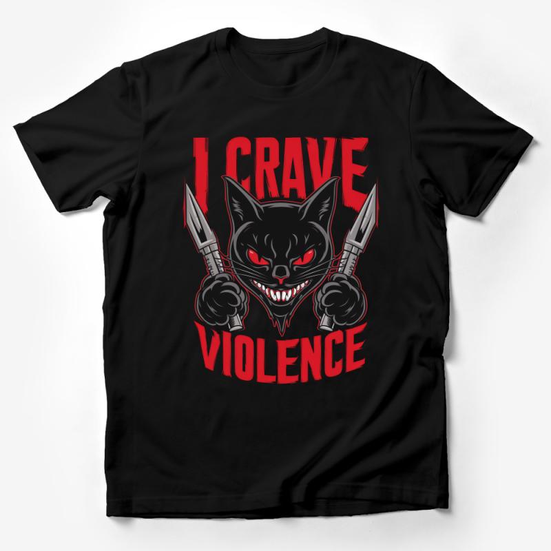 Men's Graphic Tee, Black Cat Holding Knives, I Crave Violence Bold Statement Shirt, Red Text Streetwear, Unique Cat Lover Gift T-Shirt Male T-Shirt