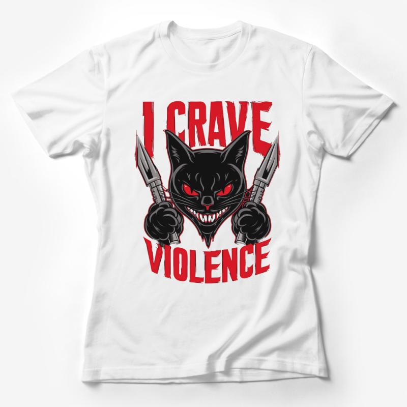 Men's Graphic Tee, Black Cat Holding Knives, I Crave Violence Bold Statement Shirt, Red Text Streetwear, Unique Cat Lover Gift T-Shirt Female T-Shirt