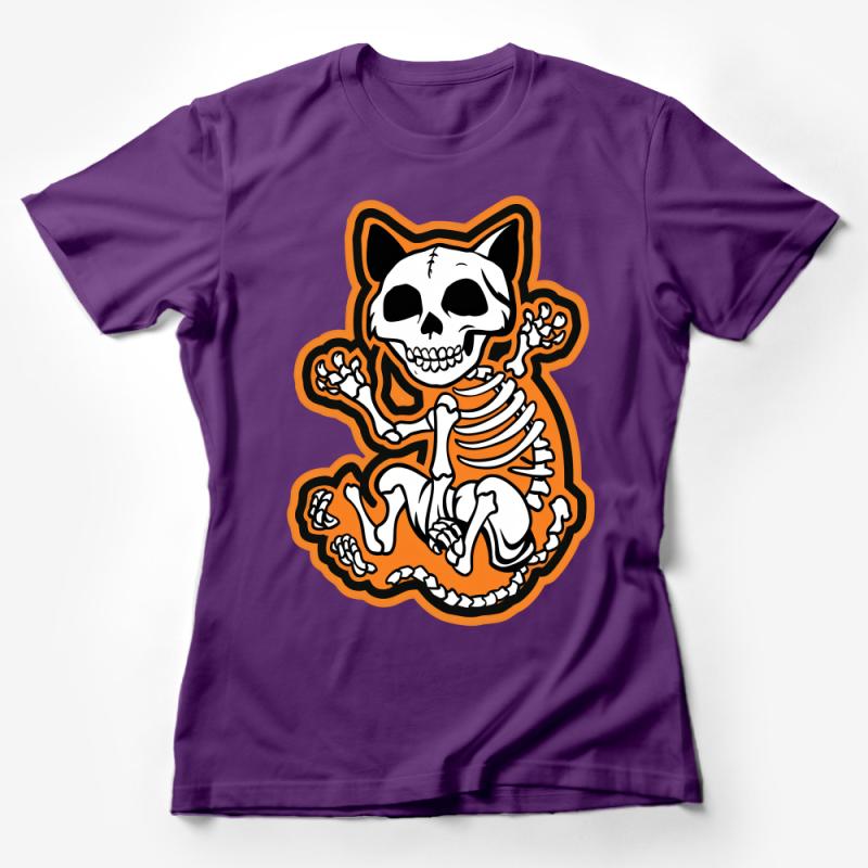 Skeleton Cat Funny T-Shirt, Whimsical Halloween Graphic Tee, Unisex Orange and Black Shirt, Unique Quirky Cat Lover Apparel Female T-Shirt