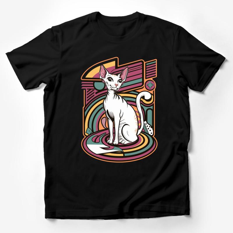 Retro Sphynx Cat T-Shirt, Vibrant Graphic Tee, Vintage Inspired Cat Lover Gift, Colorful Abstract Feline Art Top, Unisex Shirt Sizes Male T-Shirt