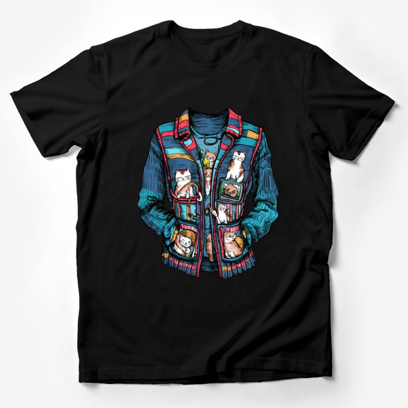 Unique Cat Illustration T-Shirt, Quirky Cat Lovers Tee, Colorful Hand-drawn Feline Art Top, Unisex Casual Shirt with Cats in Pockets Male T-Shirt