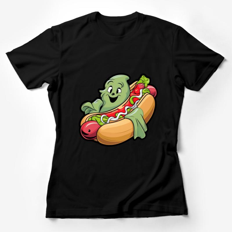 Funny Ghost Hot Dog T-Shirt, Quirky Food Graphic Tee, Casual Novelty Shirt, Unisex Ghost Cartoon Top Female T-Shirt