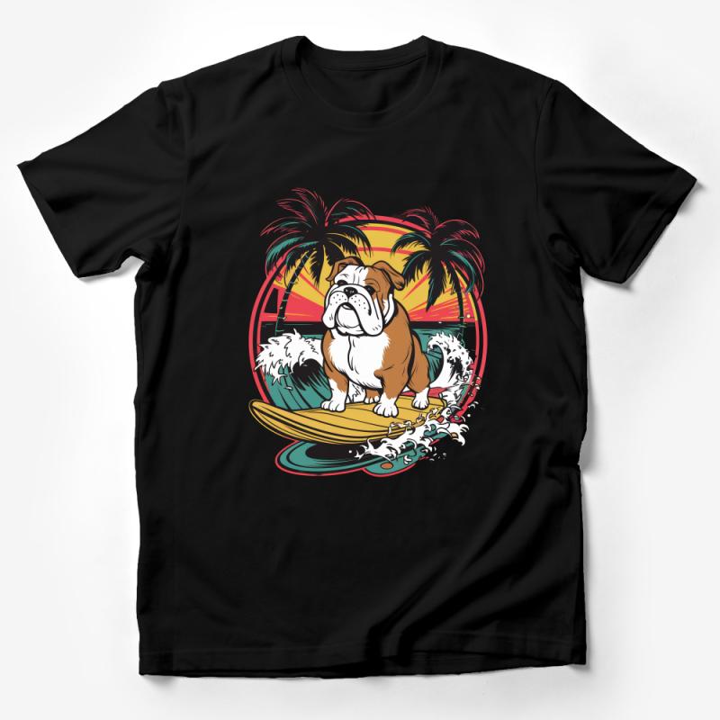 Surfing Bulldog T-Shirt, Beach Dog Graphic Tee, Tropical Sunset Palms Shirt, Unisex Casual Surf Apparel Male T-Shirt