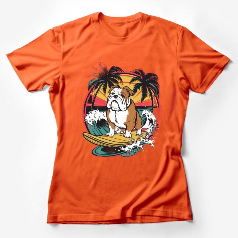 Surfing Bulldog T-Shirt, Beach Dog Graphic Tee, Tropical Sunset Palms Shirt, Unisex Casual Surf Apparel Female T-Shirt