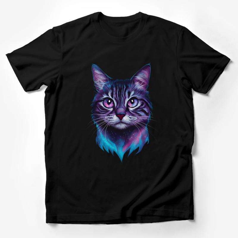 Cosmic Cat T-Shirt, Galaxy Print Feline Tee, Vibrant Space Kitty Shirt, Abstract Art Animal Top, Unique Pet Lover Gift, Unisex Apparel Male T-Shirt