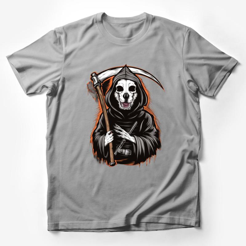 Grim Reaper Graphic Tee, Spooky Skull with Scythe, Halloween T-Shirt, Dark Fantasy Art Apparel, Unisex Clothing, Cool Gothic Wear Male T-Shirt