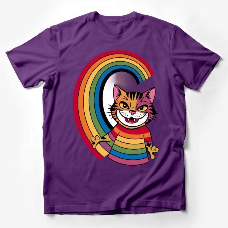 Colorful Cat T-Shirt, Rainbow Stripe Cat Graphic Tee, Unisex Cotton Shirt for Cat Lovers, Casual Wear Male T-Shirt