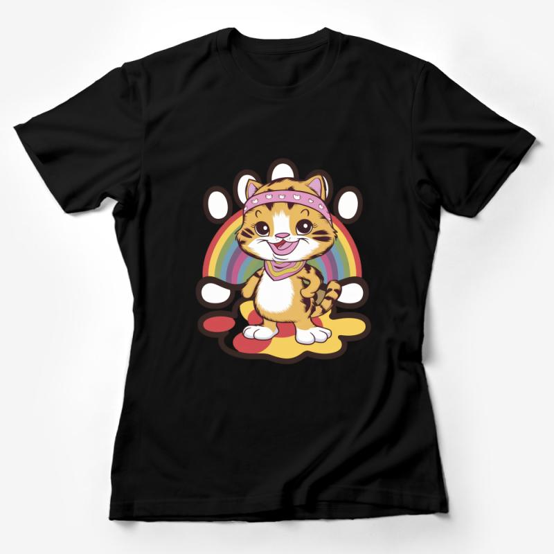 Cute Cat Rainbow T-Shirt, Whimsical Kitty in Bandana Tee, Casual Unisex Graphic Tee Shirt for Cat Lovers, Soft Cotton Colorful Top Female T-Shirt