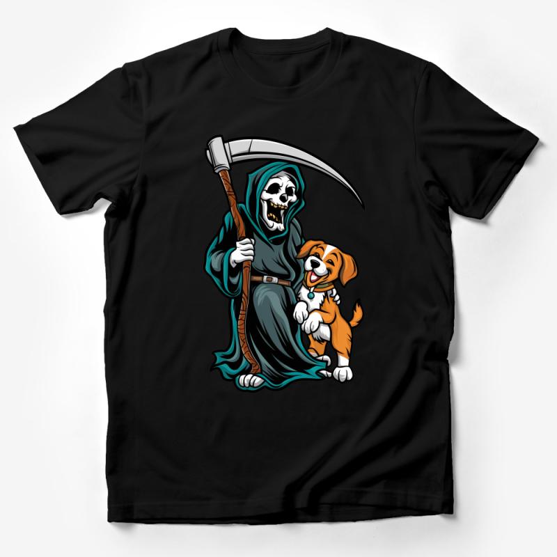 Grim Reaper and Cute Dog Cartoon T-Shirt, Funny Death and Pet Illustration Tee, Unique Graphic Shirt for Dog Lovers Male T-Shirt