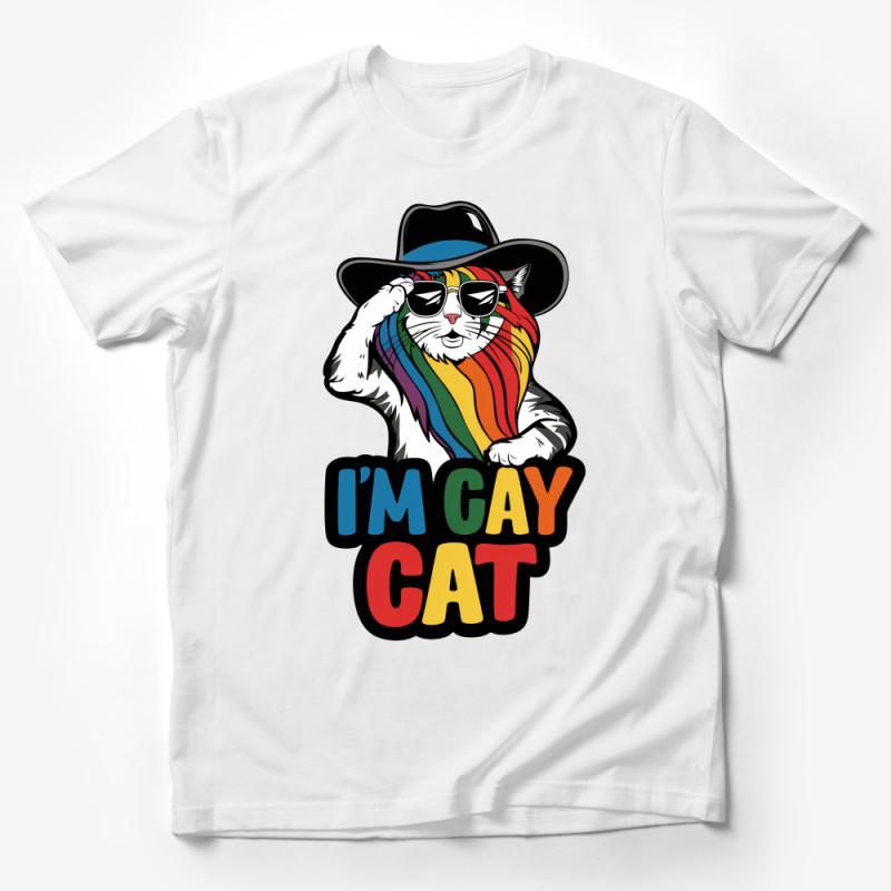 Cool Cat T-Shirt, I'm Gay Cat Pride Tee, Rainbow Cat with Sunglasses and Hat, LGBTQ Ally Apparel, Colorful Feline Fashion, Unisex Top Male T-Shirt