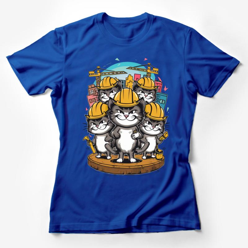 Cartoon Construction Cats T-Shirt, Funny Cat Crew Building Site Tee, Unisex Kitten Urban Construction Top, Gift for Cat Lovers Female T-Shirt