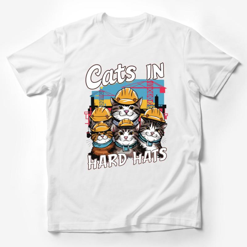 Funny Cat Construction Team T-Shirt, Cute Cats in Hard Hats Graphic Tee, Worker Cats Urban Building Site Shirt Male T-Shirt