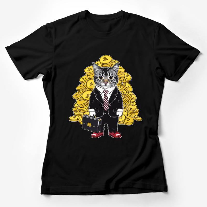 Cat Millionaire T-Shirt, Funny Wealthy Feline with Money, Rich Cat Boss Tee, Kitty in Suit with Coins, Cute Animal Shirt, Unisex Adult Clothing Female T-Shirt