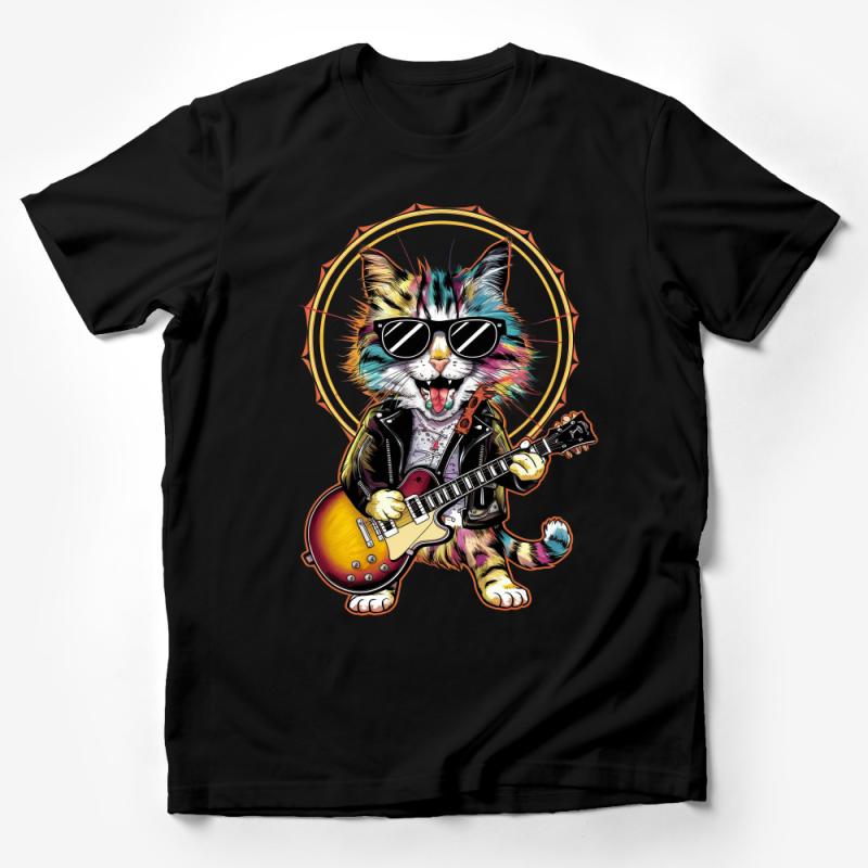 Rock and Roll Cat T-Shirt, Funky Guitar Kitty Tee, Colorful Musician Cat Shirt, Cool Feline Rockstar Top for Men and Women Male T-Shirt