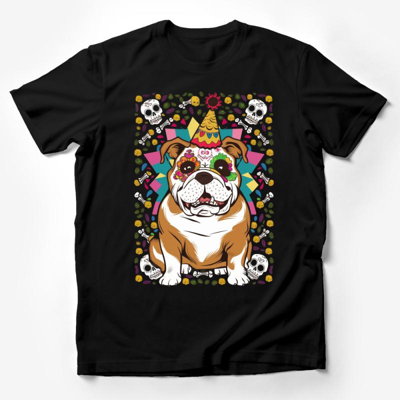 Festive Bulldog T-Shirt, Colorful Dog Party Graphic Tee, Unisex Adult Casual Wear, Pet Lover Gift Idea Male T-Shirt