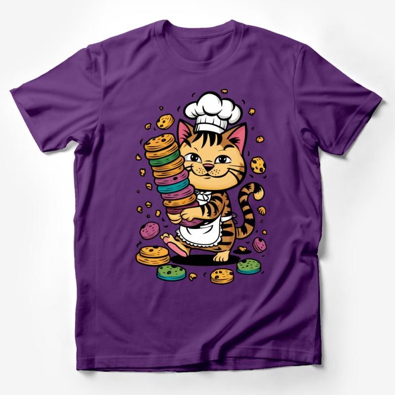 Chef Cat T-Shirt with Colorful Macarons, Cute Baking Kitty Graphic Tee, Whimsical Foodie Cat Shirt, Unisex Tee for Cat Lovers Male T-Shirt