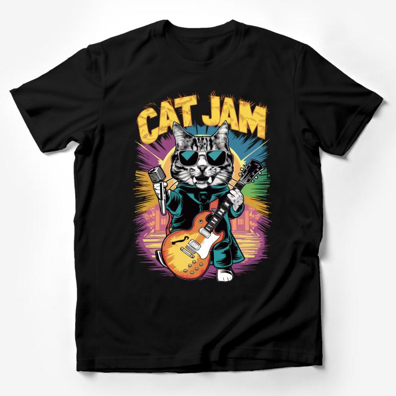 Funky Cat Jam Guitar T-Shirt, Cool Musician Cat Tee, Vintage Style Cat Lover Gift, Unique Rock and Roll Kitty Shirt Male T-Shirt