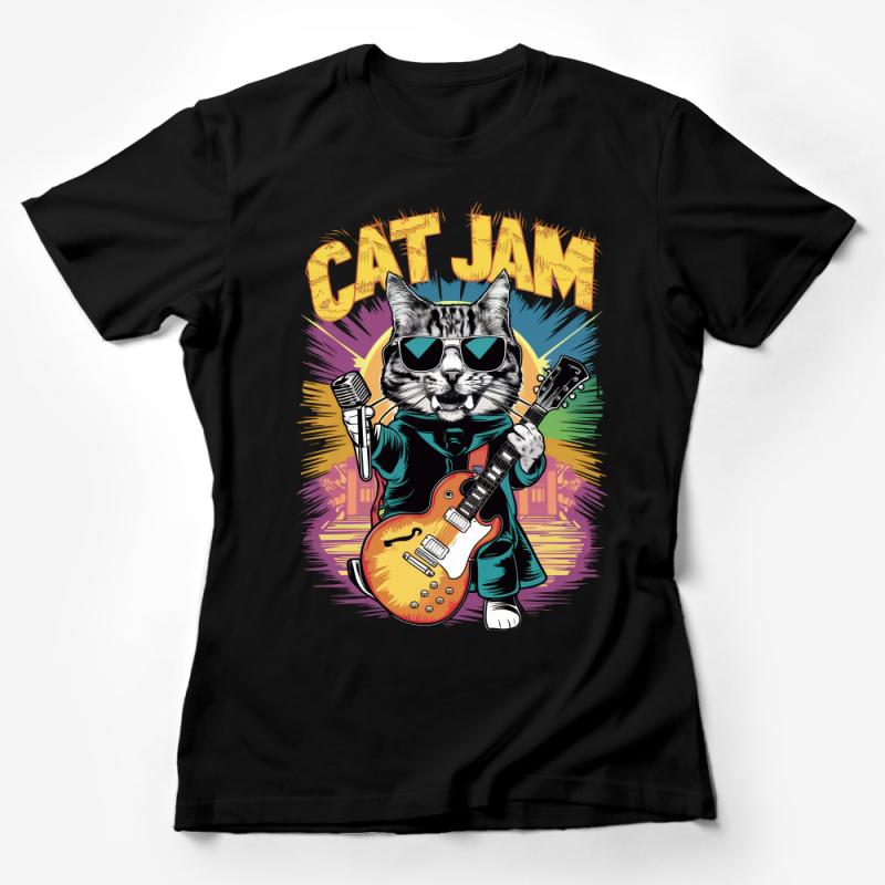 Funky Cat Jam Guitar T-Shirt, Cool Musician Cat Tee, Vintage Style Cat Lover Gift, Unique Rock and Roll Kitty Shirt Female T-Shirt