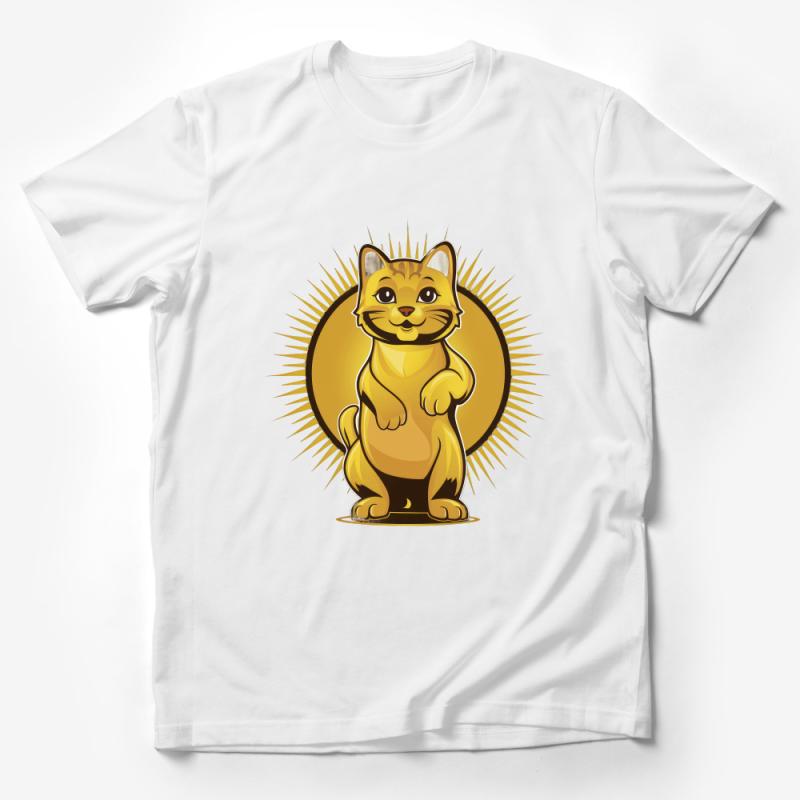 Radiant Golden Cat T-Shirt, Cute Feline Graphic Tee, Whimsical Pet Lover Gift, Unisex Casual Wear Male T-Shirt