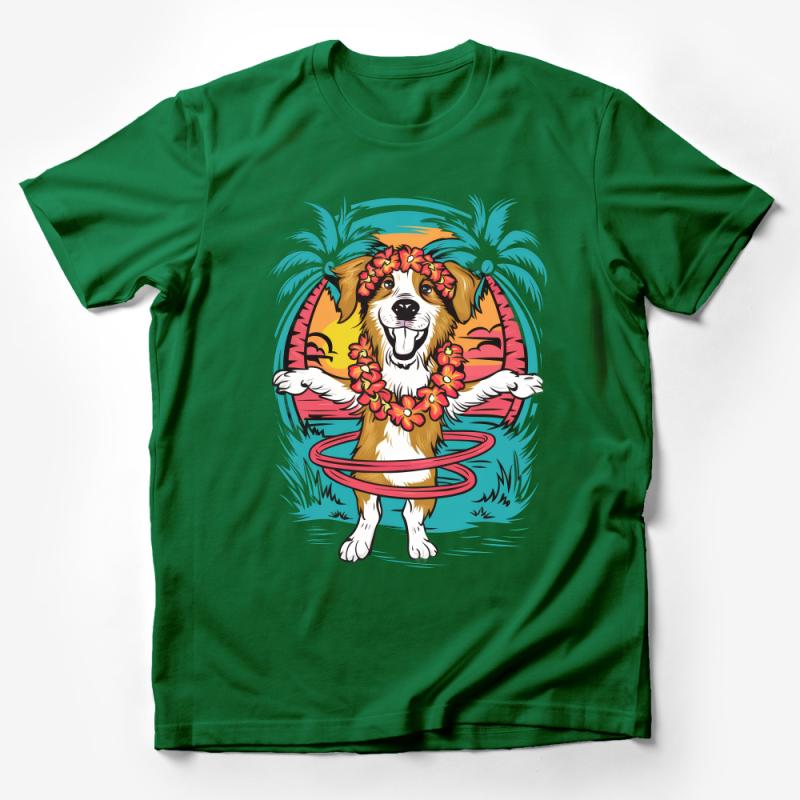 Tropical Dog T-Shirt, Summer Beach Puppy with Hula Hoop, Cute Canine Surf Style, Vibrant Sunset Graphic Tee, Unisex Male T-Shirt