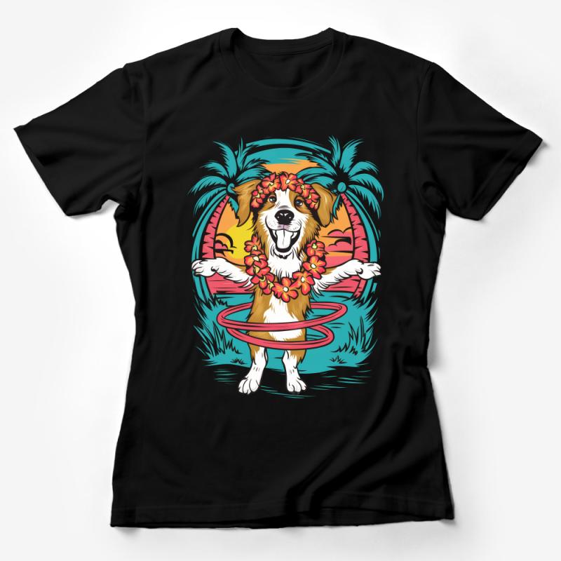 Tropical Dog T-Shirt, Summer Beach Puppy with Hula Hoop, Cute Canine Surf Style, Vibrant Sunset Graphic Tee, Unisex Female T-Shirt