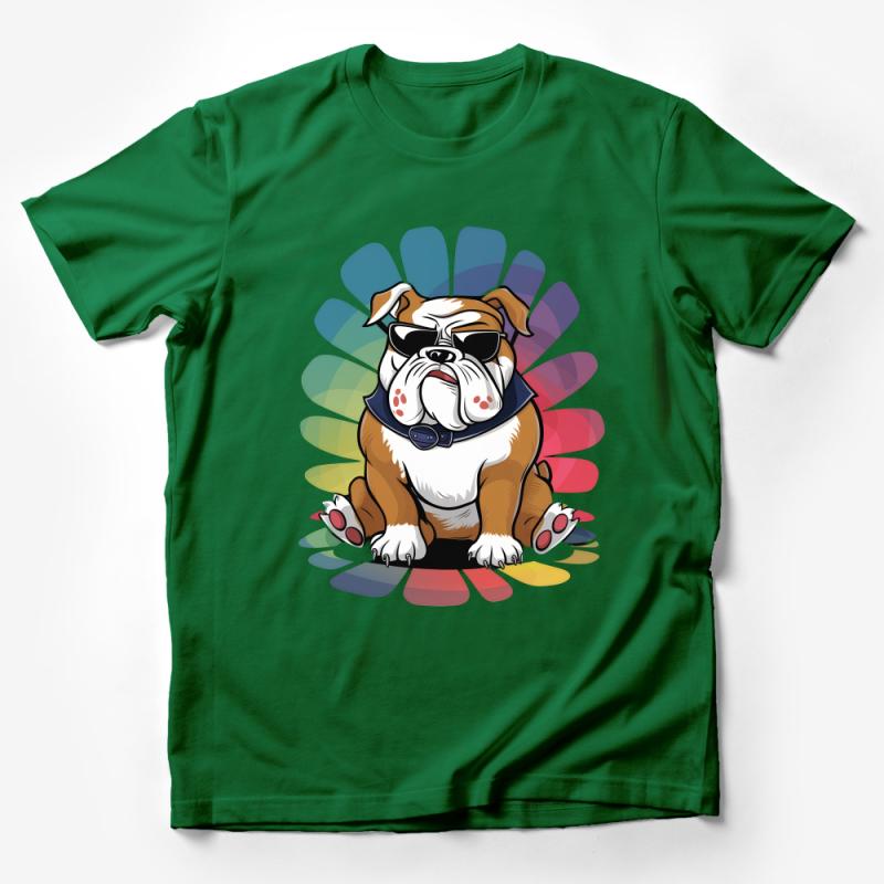 Colorful Bulldog Graphic T-Shirt, Cartoon Dog with Sunglasses Tee, Unisex Casual Wear, Animal Lover Gift, Fun Pet Illustration Top Male T-Shirt