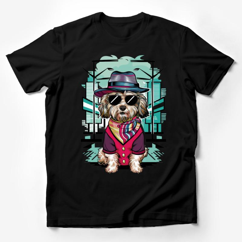 Cool Dog T-Shirt, Hipster Pup in Hat, Urban Style Dog Tee, Graphic Animal Shirt, Trendy Pet Fashion, Vibrant Casual Wear for Dog Lovers Male T-Shirt