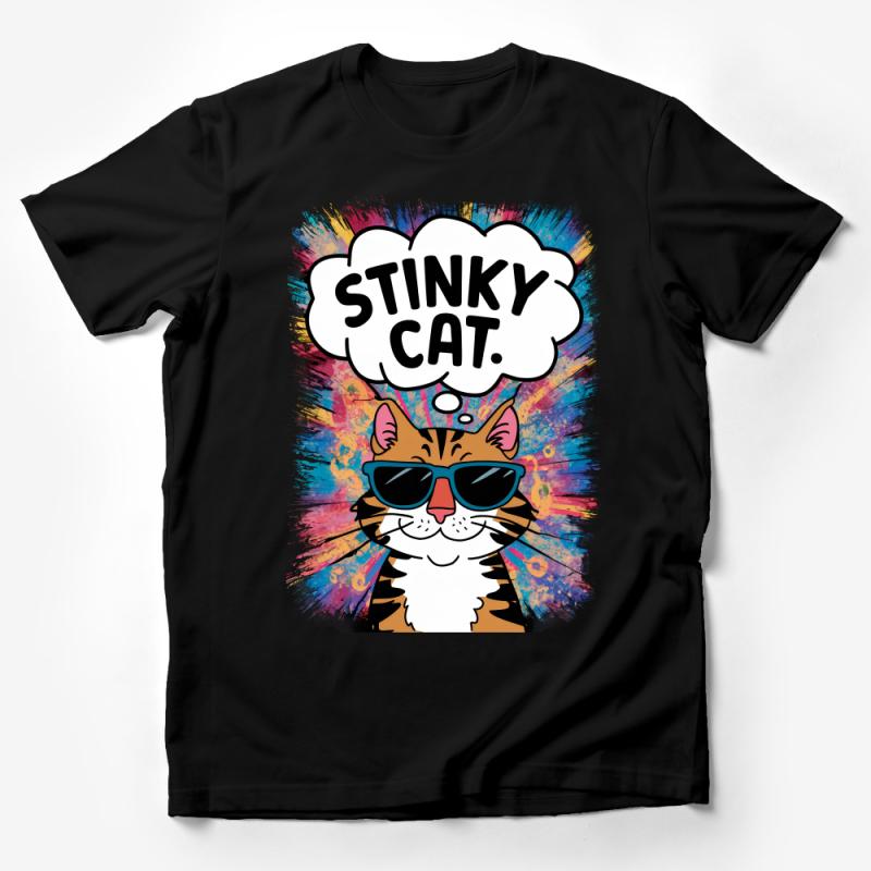 Colorful Funky Cat T-Shirt, Stinky Cat with Sunglasses, Urban Fashion Tee, Unisex Graphic Shirt for Cat Lovers Male T-Shirt