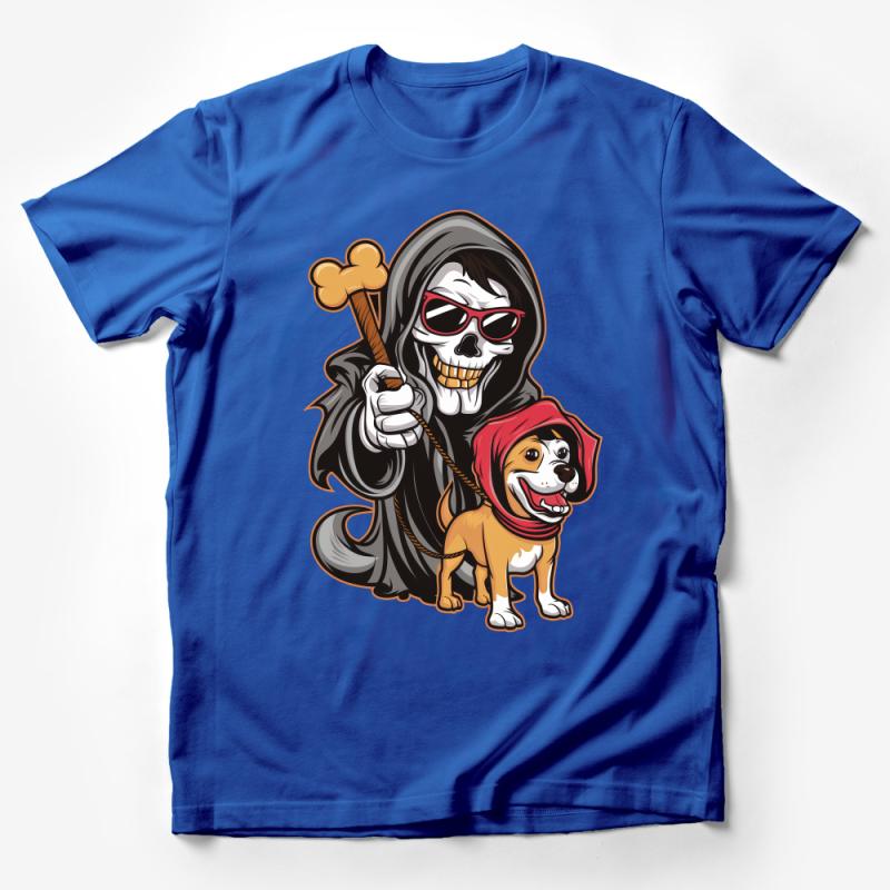 Skeleton with Dog Cartoon T-Shirt, Funny Grim Reaper Pet Owner Tee, Unisex Graphic Tee, Skull and Bones Novelty Shirt Male T-Shirt