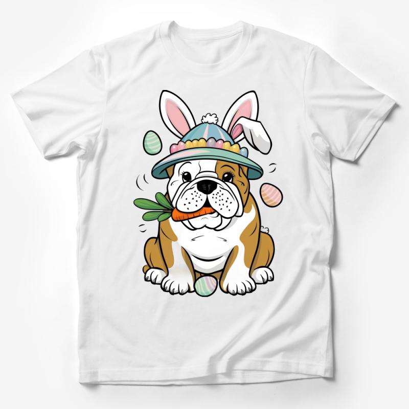 Cute Bulldog in Bunny Hat Easter T-Shirt, Spring Holiday Dog Lover Tee, Colorful Egg Hunt Apparel, Unisex Male T-Shirt