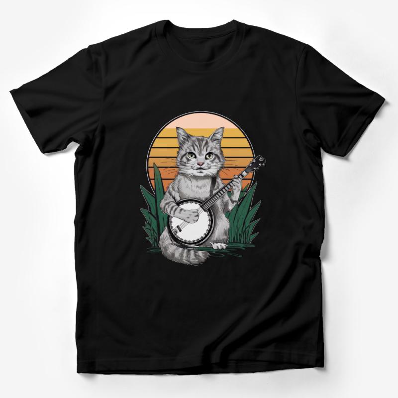 Cat Playing Banjo T-Shirt, Cute Musician Kitty Graphic Tee, Feline Sunset Nature Illustration, Unisex Cotton Shirt Male T-Shirt