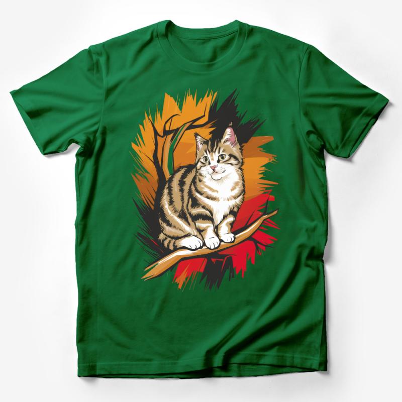 Autumn Cat T-Shirt, Whimsical Feline Graphic Tee, Fall Colors Kitty Casual Wear, Animal Nature-Inspired Fashion, Unisex Gift Idea Male T-Shirt