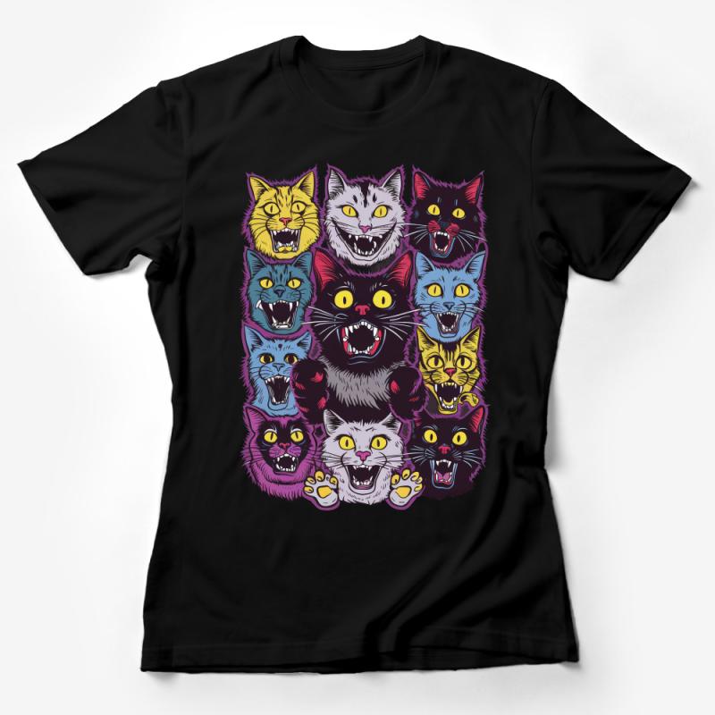 Colorful Cat Faces T-Shirt, Whimsical Feline Pop Art, Multi-Colored Cats Tee, Fun Cat Lover Gift, Unique Cat Graphic Shirt Unisex Female T-Shirt