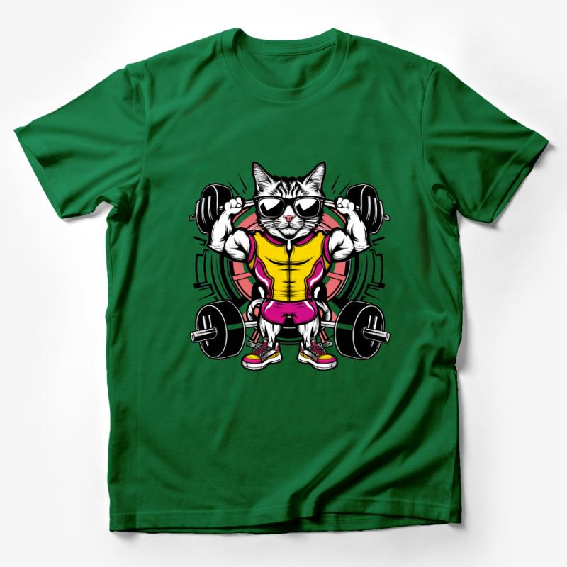 Cool Cat Lifting Weights Fitness Gym T-Shirt, Funny Buff Kitten Workout Tee, Muscular Cat in Sunglasses Shirt Male T-Shirt