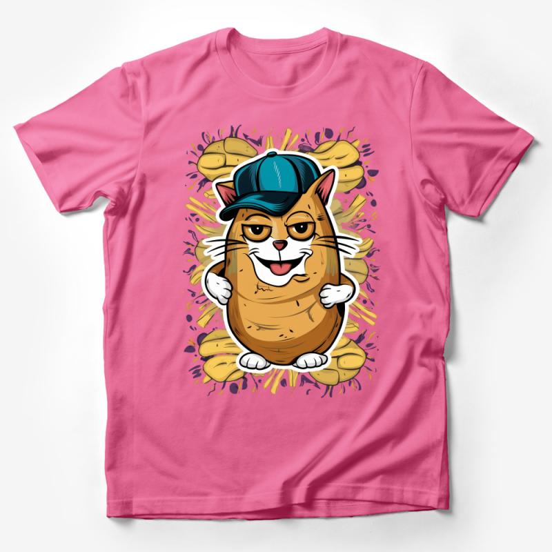 Funny Cat Potato Mash-Up T-Shirt, Cool Cat Lover Tee, Unique Cartoon Feline Shirt, Quirky Animal Graphic Top, Unisex Casual Wear Male T-Shirt