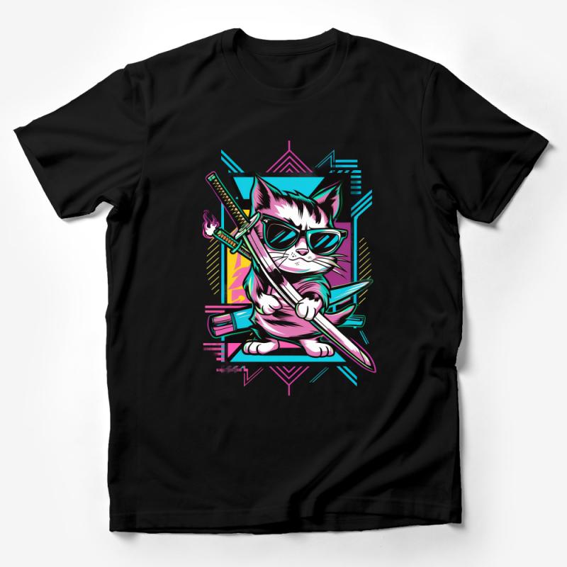 Cool Cat Samurai T-Shirt, Vibrant Graphic Tee, Urban Feline Warrior Shirt, Unisex Streetwear Male T-Shirt