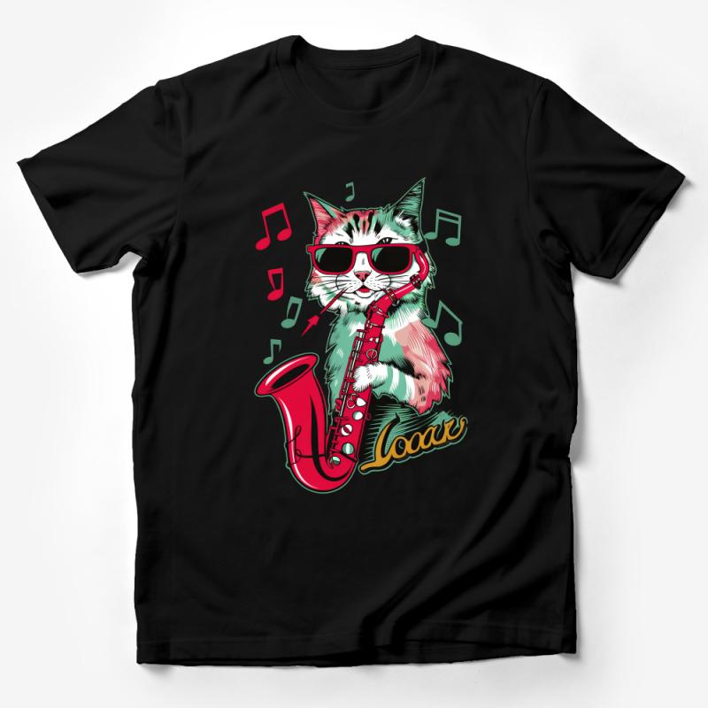 Cool Cat Saxophone T-Shirt, Colorful Musician Cat Graphic Tee, Unisex Funky Cat Lover Gift, Hipster Kitty Sax Player Shirt Male T-Shirt