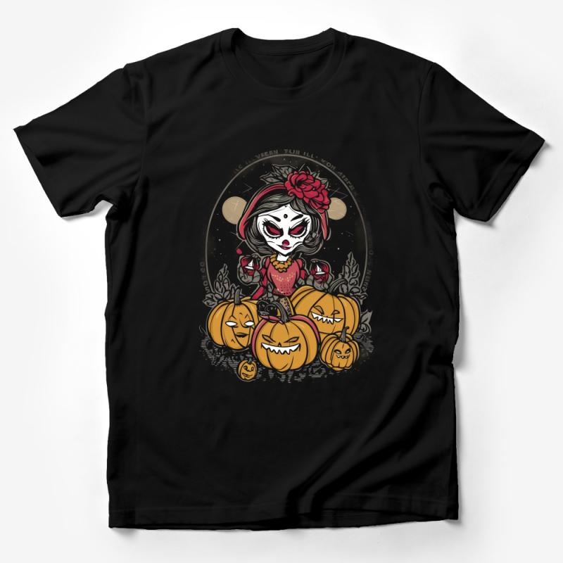 Gothic Pumpkin Girl T-Shirt, Halloween Spooky Tee, Vintage Horror Art, Dark Fantasy Clothing, Unique Graphic Shirt, Gift for Her Male T-Shirt