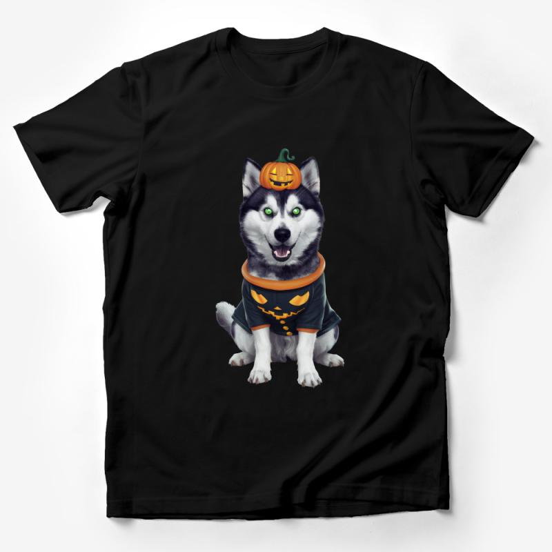 Halloween Husky Dog T-Shirt, Pumpkin Head Cute Cartoon Pet Tee, Autumn Spooky Apparel, Unisex Graphic Shirt, Husky Lovers Gift Male T-Shirt