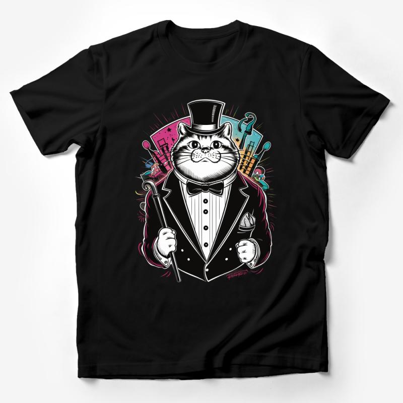 Dapper Cat T-Shirt, Fancy Top Hat Kitty, Whimsical Animal Graphic Tee, Unique Pet Illustration Shirt, Urban Style Cat Lover Gift Male T-Shirt