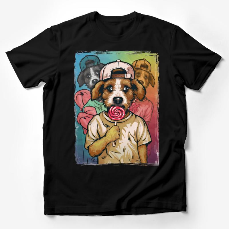 Cute Dog Lollipop Graphic Tee, Colorful Pet Lover T-Shirt, Canine Friends Illustration, Casual Wear Male T-Shirt