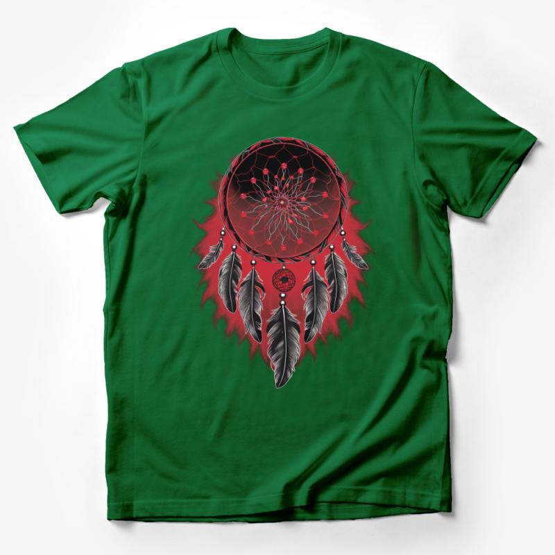 Red and Black Dreamcatcher Graphic Tee, Boho Style Feather T-Shirt, Unisex Spiritual Clothing, Casual Wear Male T-Shirt