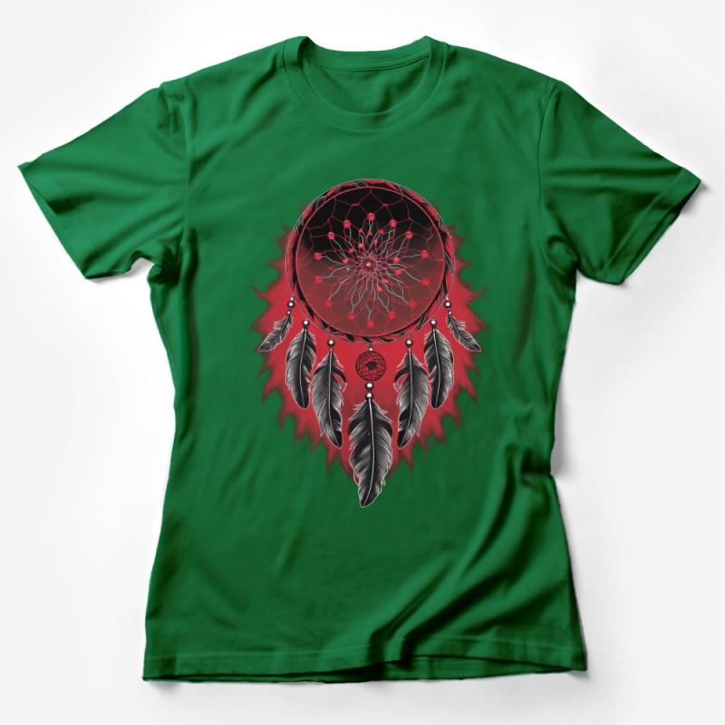 Red and Black Dreamcatcher Graphic Tee, Boho Style Feather T-Shirt, Unisex Spiritual Clothing, Casual Wear Female T-Shirt